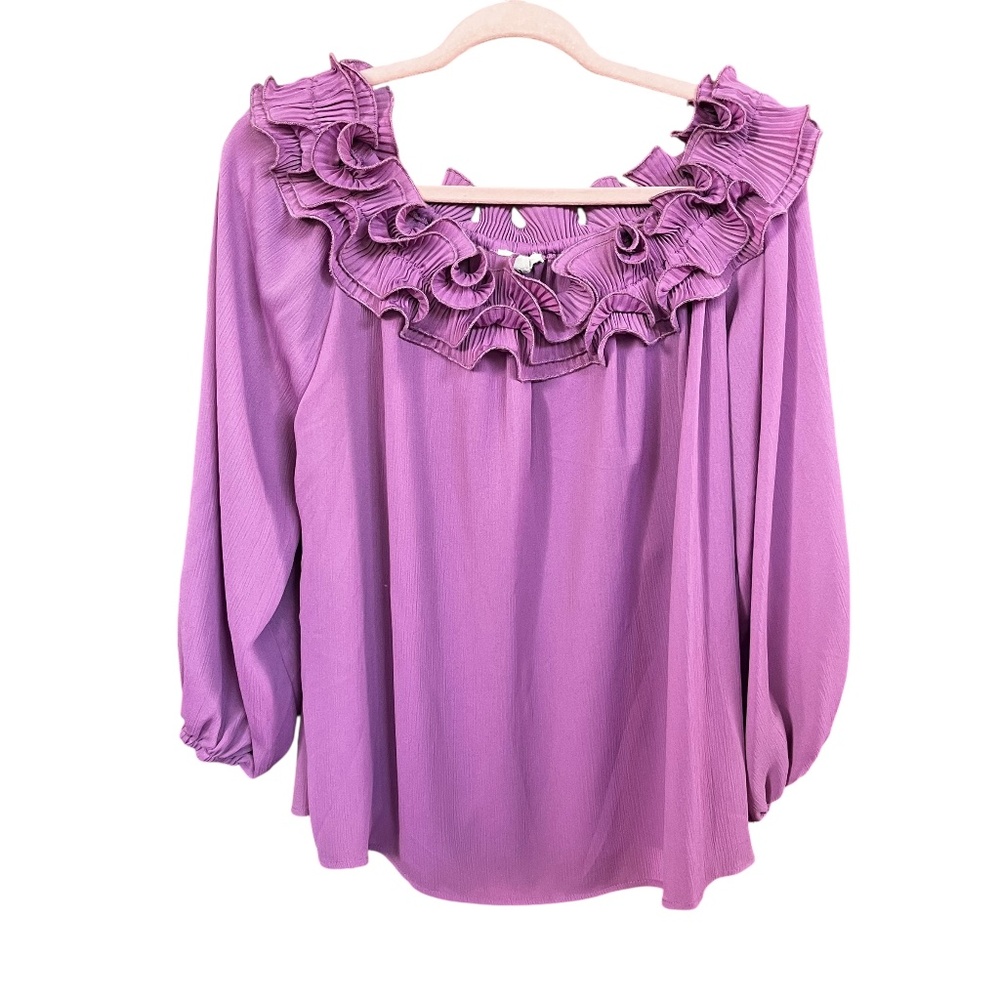ODDY Lavender Off the Shoulder Ruffle Neckline 3/4 Sleeve Blouse Size L EUC
